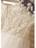 Sheer Beaded Neckline Ivory Organza Curly Hem Knee Length Flower Girl Dress